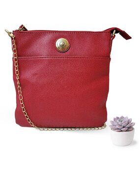 Tommy Hilfiger Red Pebbled Leather Gold Chain Crossbody Bag Gold Logo